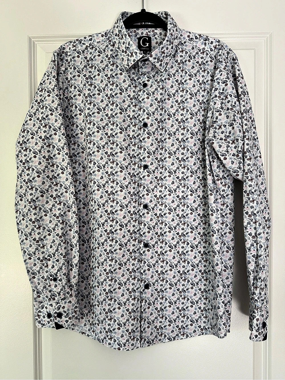 Grafton Floral Button-Down Shirt in White & Blue Size Large